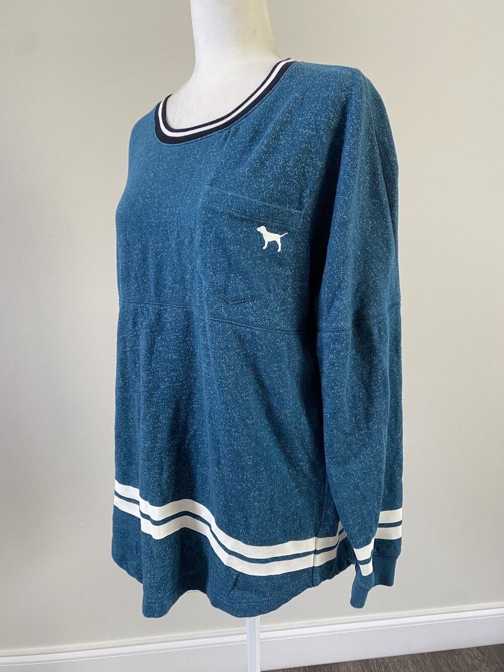 Victoria Secret Pink Womens Sweater Blue LS Pocket Pullover Top Sz M
